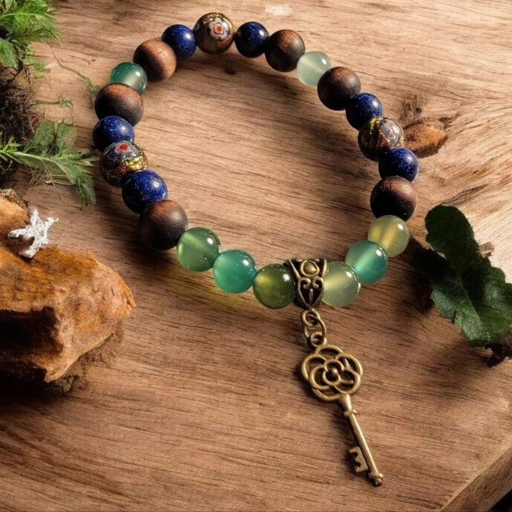 New Hand Beaded Gemstone Bracelet With Key Charm & Vintage Floral Beads
